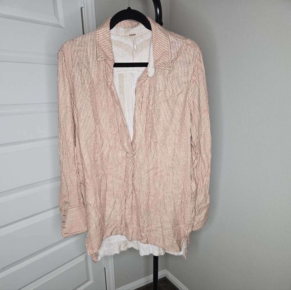 Free People Striped Button Down Shirt - Tan and White